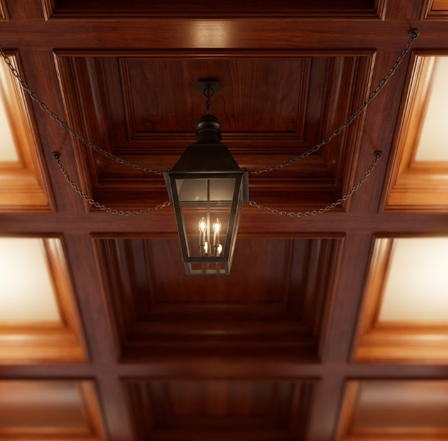 Decorative pendant ceiling light fixture hanging from a wooden ceiling