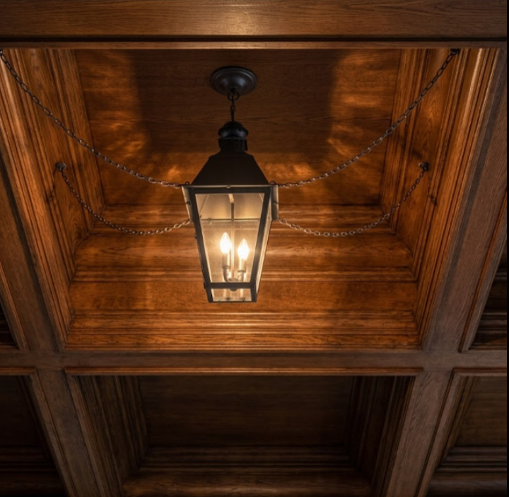 Vintage-style entryway pendant light fixture hanging from a rustic wooden ceiling