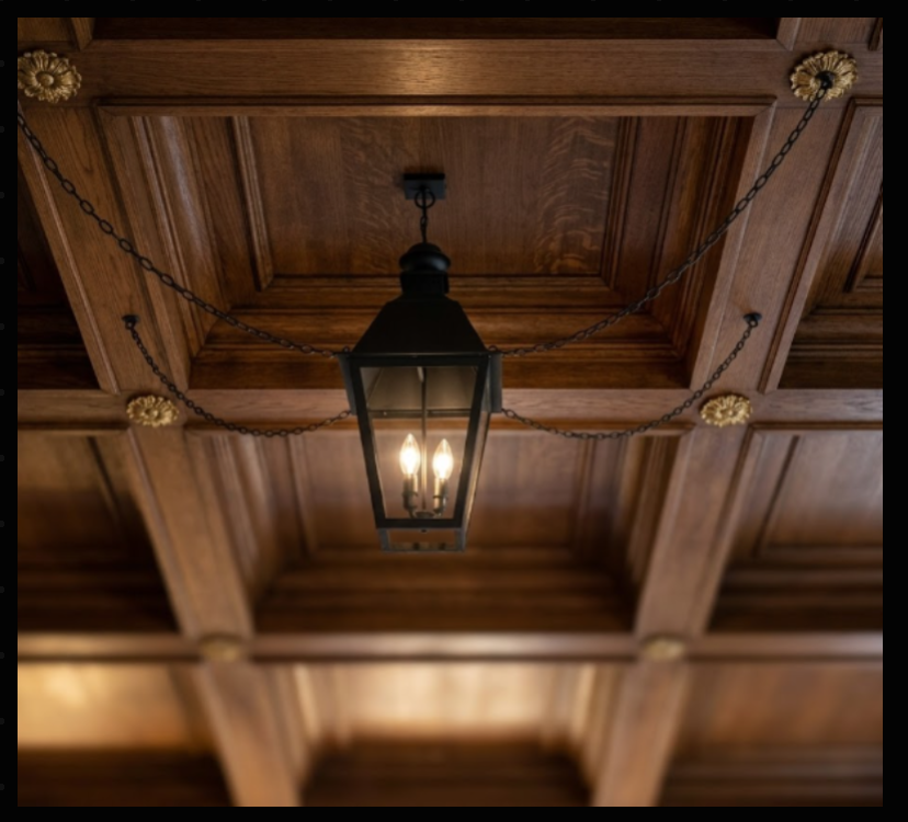 Vintage-style pendant light fixture hanging from a wooden ceiling
