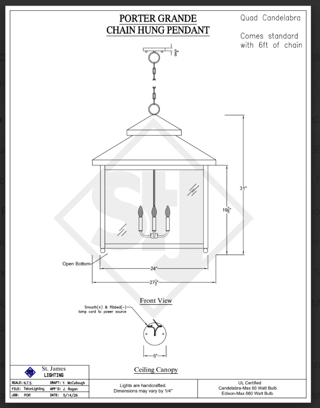 Technical drawing of a Porter Grande chain hung pendant light fixture