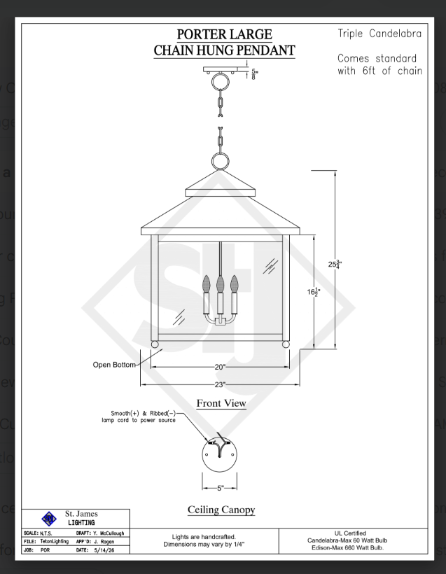 Technical drawing of a Porter Large chain hung pendant light fixture
