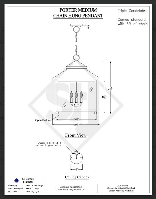 Technical drawing of a Porter Medium Chain Hung kitchen island Pendant light fixture