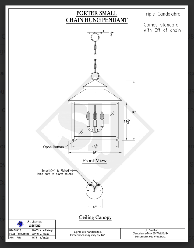 Technical drawing of a chain hung Kitchen Island Pendant Light Fixture with dimensions and specifications.