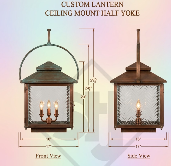 Custom kitchen island pendant light or lantern with a ceiling mount half yoke with front and side views and measurements on a colorful gradient background.
