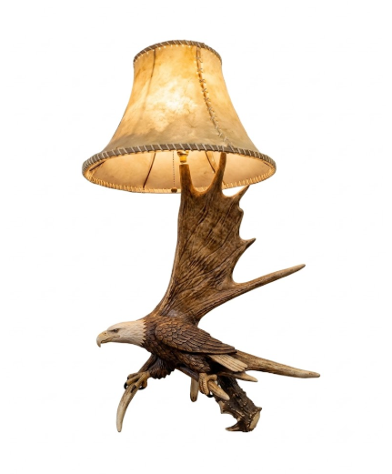 Moose Antler Table Lamp with Carved Eagle Head & Rawhide Shade — Handmade in USA