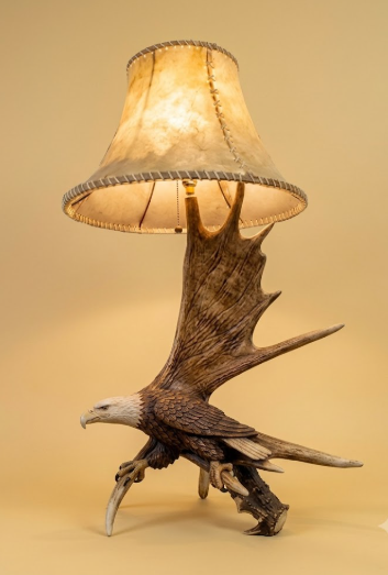 Moose Antler Table Lamp with Carved Eagle Head & Rawhide Shade — Handmade in USA