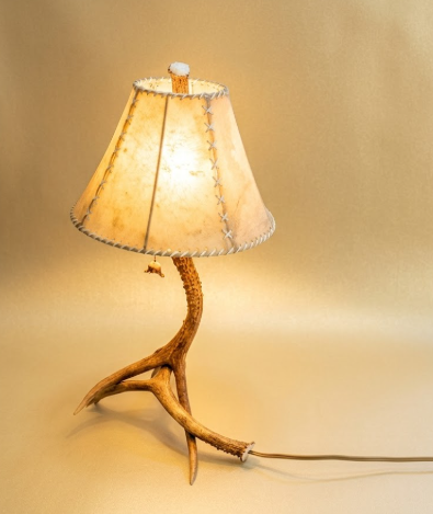 Mule Deer Antler Mantle Lamp with Rawhide Shade — Handmade in USA