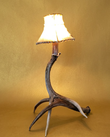Mule Deer Antler Mantle Lamp with Rawhide Shade — Handmade in USA