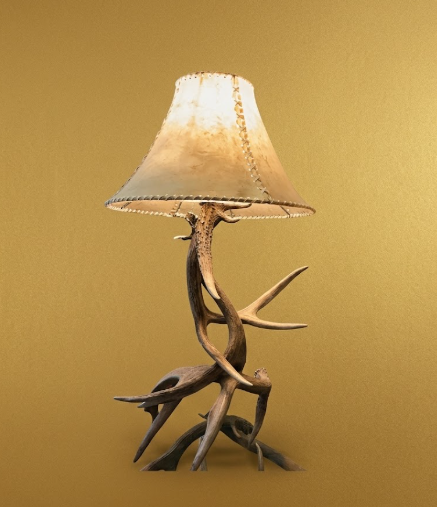Whitetail Deer 3-Antler Table Lamp with Rawhide Shade — Handmade in USA