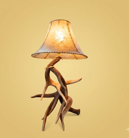 Whitetail Deer 3-Antler Table Lamp with Rawhide Shade — Handmade in USA
