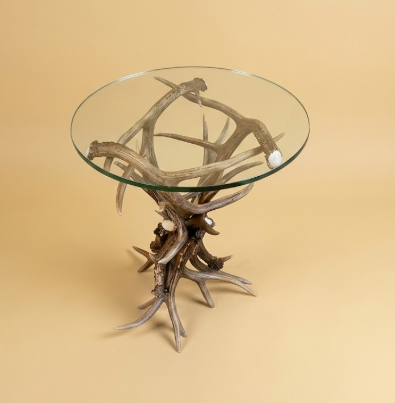 Real Mule Deer Antler End Table with Glass Top — 24"W x 21"T, Handmade in USA