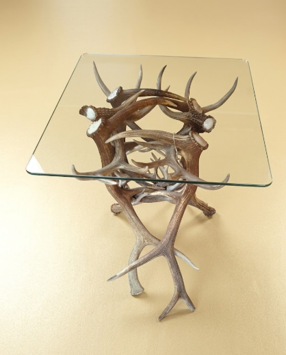 Real Elk & Whitetail Deer Antler Table with Glass Top — 30"T, 24" Glass, Handmade in USA