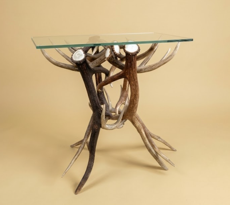 Real Elk & Whitetail Deer Antler Table with Glass Top — 30"T, 24" Glass, Handmade in USA