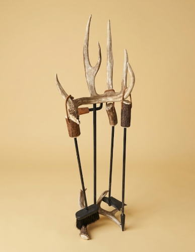 Real Deer Antler Fireplace Tool Set, 4-Piece with Optional Wolf, Eagle or Bear Carving — Handmade in USA