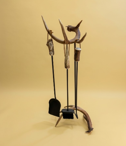 Real Deer Antler Fireplace Tool Set, 4-Piece with Optional Wolf, Eagle or Bear Carving — Handmade in USA