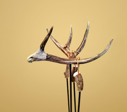 Real Deer Antler Fireplace Tool Set, 4-Piece with Optional Wolf, Eagle or Bear Carving — Handmade in USA