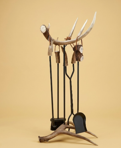 Real Deer Antler Fireplace Tool Set, 5-Piece with Antler Handles & Optional Carved Animal Head — Handmade in USA