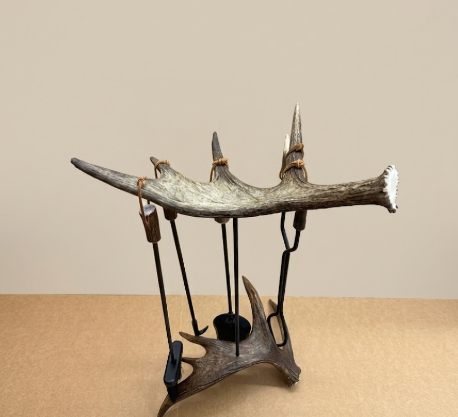 Real Deer Antler Fireplace Tool Set, 5-Piece with Antler Handles & Optional Carved Animal Head — Handmade in USA