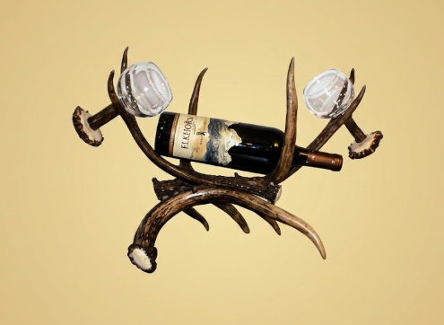 Real Deer Antler Wine Rack — Holds 1 Bottle & 2 Glasses, Whitetail or Mule Deer, Handmade in USA