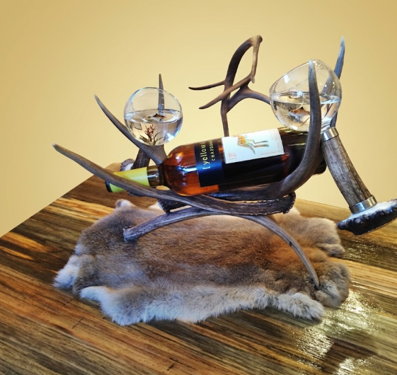 Real Deer Antler Wine Rack — Holds 1 Bottle & 2 Glasses, Whitetail or Mule Deer, Handmade in USA