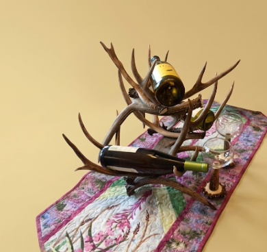 Real Deer Antler Wine Rack — Holds 3 Bottles & 7 Glasses, Whitetail or Mule Deer, Handmade in USA