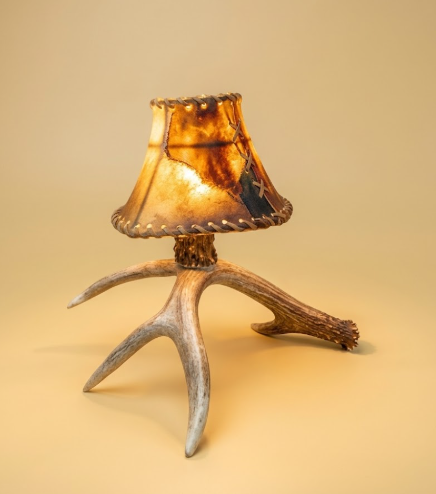 Real Deer Antler Bedside Table Lamp with Rawhide Shade — Handmade in USA