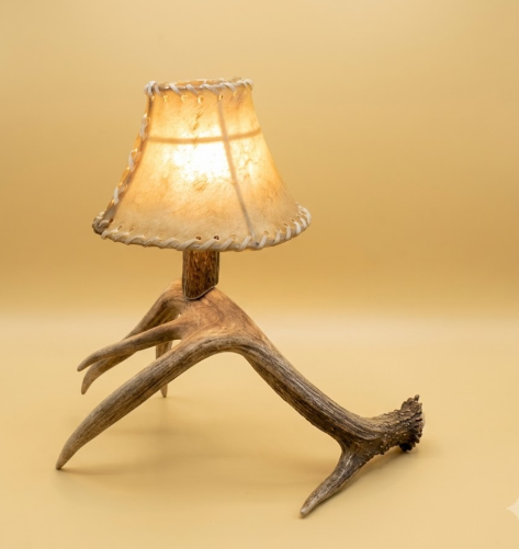 Real Deer Antler Bedside Table Lamp with Rawhide Shade — Handmade in USA