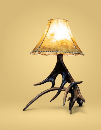 Moose & Deer Antler Table Lamp with Rawhide Shade — Handmade in USA