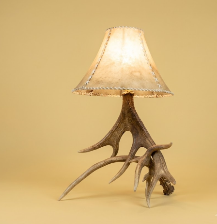 Moose & Deer Antler Table Lamp with Rawhide Shade — Handmade in USA
