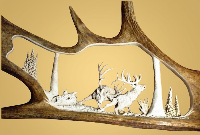 Decorative wall art with antlers and cut-out deer scene on a beige background