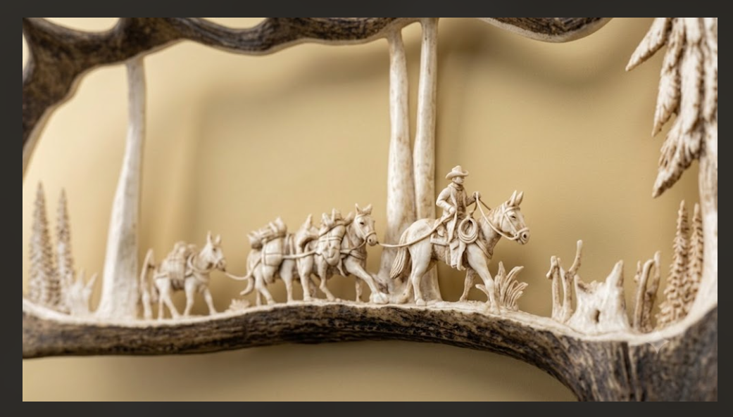 packstring moose antler carving diorama of a scene with figures and animals on a beige background