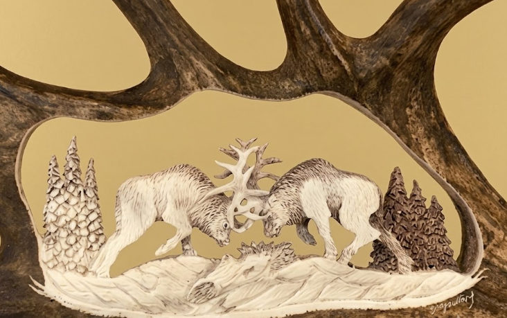 Decorative plaque with caribou antlers and engraved scene of two caribous in a forest.