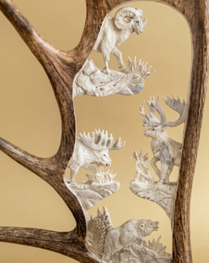Carved moose antler with detailed animal figures on a beige background