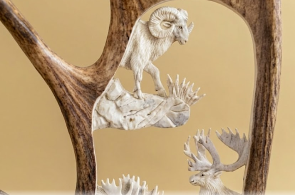 Decorative wall art with a ram and antlers on a beige background