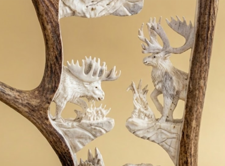 Decorative wall art with moose antlers and carvings on a beige background