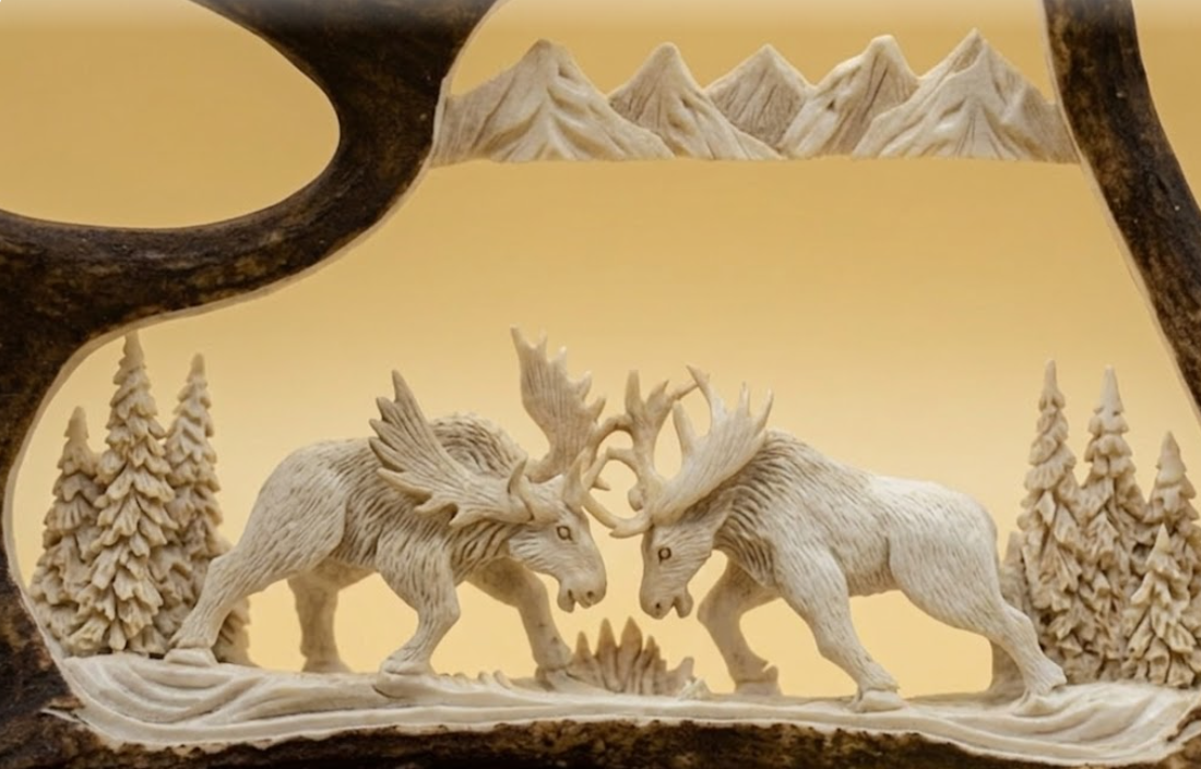 up close and dangerous Two moose in the rut...antler carving