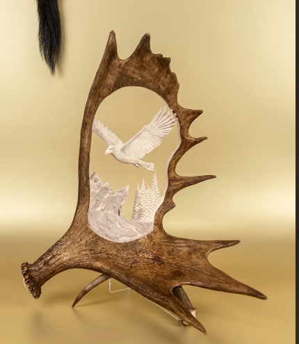 Wolves howling at the eagle on a tan background