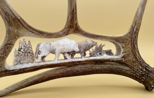 Wolves In The Chase Caribou Antler Carving