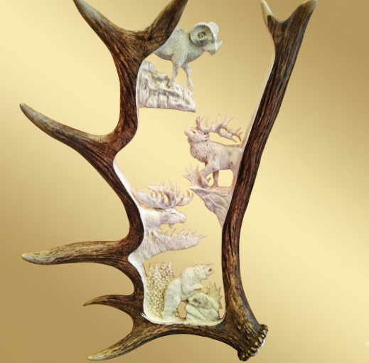 Moose antler hand carving with Idaho's big 4 animals 