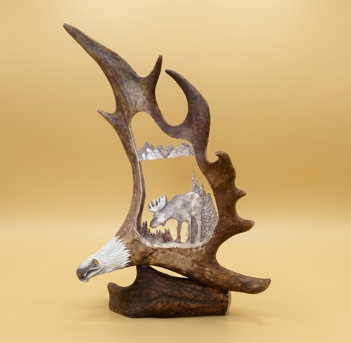 Hand carved caribou antler with a moose browsing for food in the mountains on a golden background.