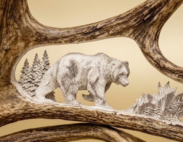 Carved bear on moose antler with trees and mountains in the background