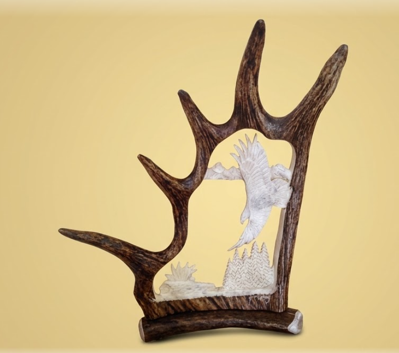 eagle soaring antler carving on a moose antler with a tan background.