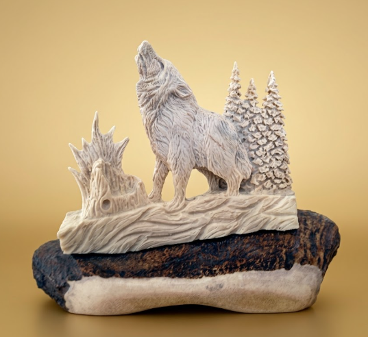 Wolf sculpture antler carving desk mount 