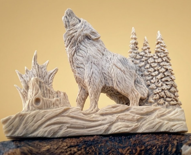 Wolf sculpture antler carving making beautiful music.