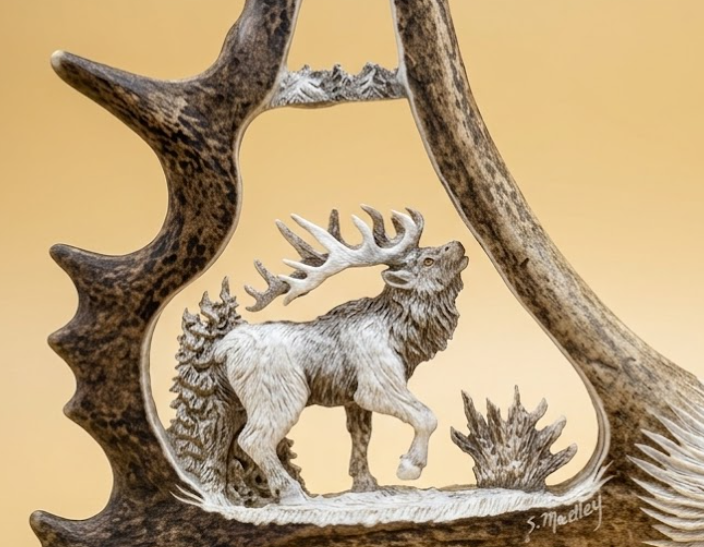 Majestic elk and eagles head carved from a Moose antler.  Up close  on a tan background.