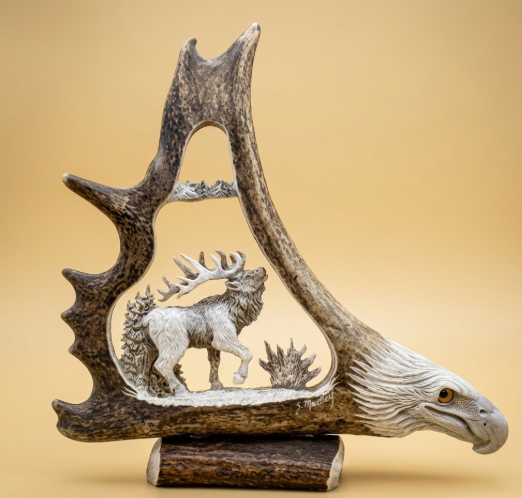 Moose antler desk mount eagles head and majestic elk carving.