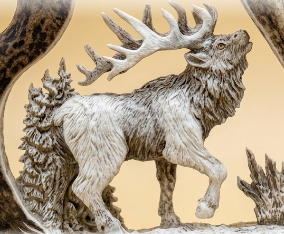  Moose antler shed carving of a majestic bull moose in the mountains.