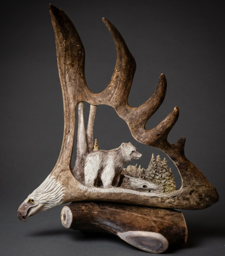 Moose antler sculpture with carved bear and eagle design on a dark background