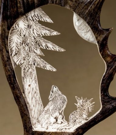 close up of wolf antler carving
