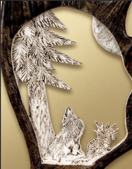 wolf antler carving close up of wolf howling with a tan background